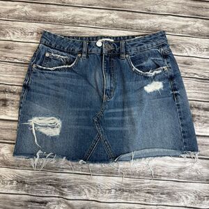 Garage Womens Distressed Ripped  Denim Jean Mini Skirt S SM Small Blue White Zip